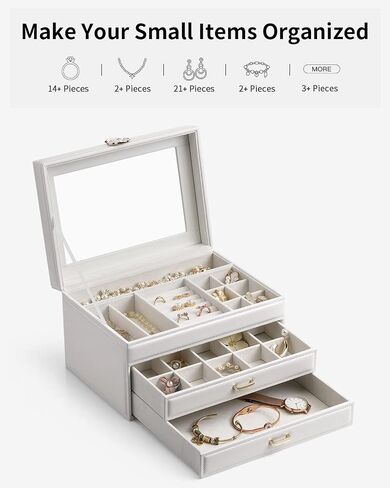 Vlando Jewelry Box 4-Tier,Jewelry Boxes & Organizers with Handle,3 Drawers Travel Jewelry Case with Mirror,Jewelry Storage,Earrings Necklace Rings Christmas Gift for Women Girl White in Kuwait