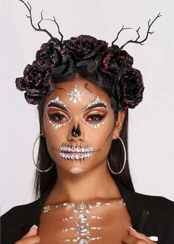 Bufenia Halloween Headband Day of the Dead Head Piece Floral Crown Headbands Gothic Hair Band Mexican Flower Headpiece Costume Cosplay for Women and Girls (Skull 2) in Kuwait