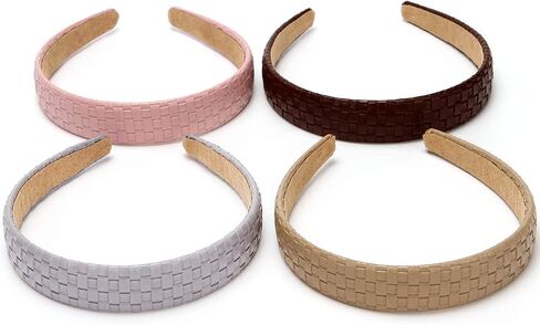 LONEEDY 4PCS Checked Leather Wide Hard Headband Padded Headband Non-slip Fashion Hairband for Girls and Women (Weave(Black+Brown+Blue+White)) in Saudi Arabia