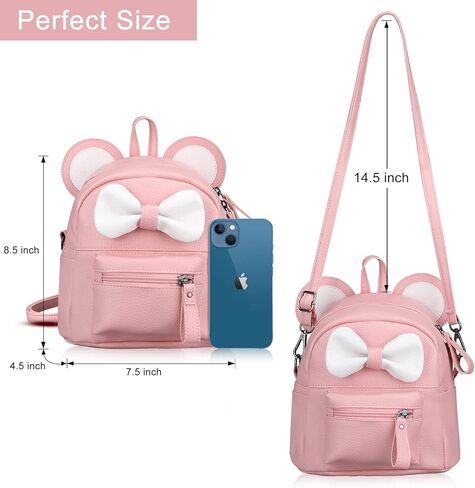 حقائب ظهر صغيرة لطيفة للفتيات من Dksyee بعقدة على شكل فيونكة من الجلد وآذان الفأر الكرتونية، حقيبة ظهر صغيرة للسفر قابلة للتحويل على الكتف باللون الأسود in Kuwait