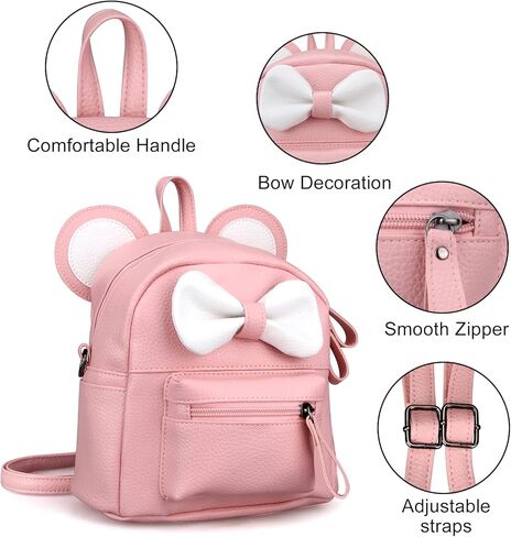 حقائب ظهر صغيرة لطيفة للفتيات من Dksyee بعقدة على شكل فيونكة من الجلد وآذان الفأر الكرتونية، حقيبة ظهر صغيرة للسفر قابلة للتحويل على الكتف باللون الأسود in Kuwait