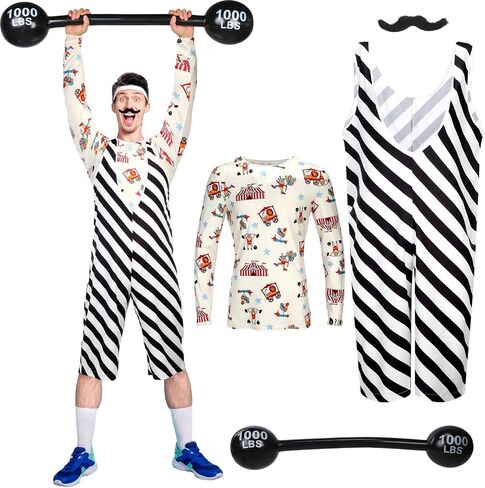 Liitrsh 4 Pcs 70s Halloween Costumes for Men Strongman Circus Costume Suit for Adult with Inflatable Barbell Mustache for Men Halloween Cosplay Costume in Saudi Arabia