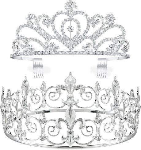 King Crown 2 Pcs Royal King Crown Metal Crystal Tiara Crown for Men Women Bridegroom Bride Princess for Wedding Halloween in Saudi Arabia