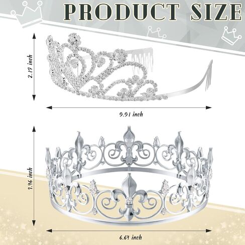 King Crown 2 Pcs Royal King Crown Metal Crystal Tiara Crown for Men Women Bridegroom Bride Princess for Wedding Halloween in Saudi Arabia