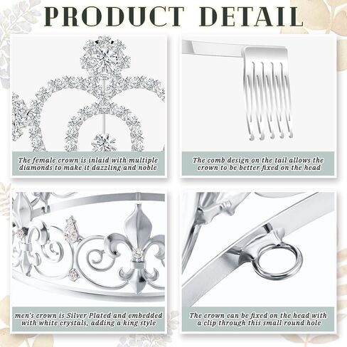 King Crown 2 Pcs Royal King Crown Metal Crystal Tiara Crown for Men Women Bridegroom Bride Princess for Wedding Halloween in Saudi Arabia