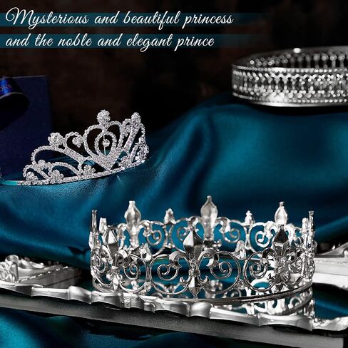 King Crown 2 Pcs Royal King Crown Metal Crystal Tiara Crown for Men Women Bridegroom Bride Princess for Wedding Halloween in Saudi Arabia
