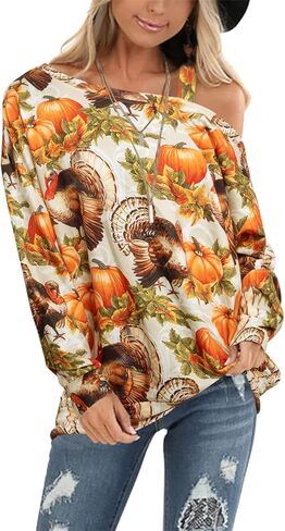 قمصان QLIPIN لعيد الشكر للنساء، بلوزات علوية مضحكة ذات أكتاف باردة، كاجوال على شكل يقطين تركي وأكمام طويلة in Kuwait