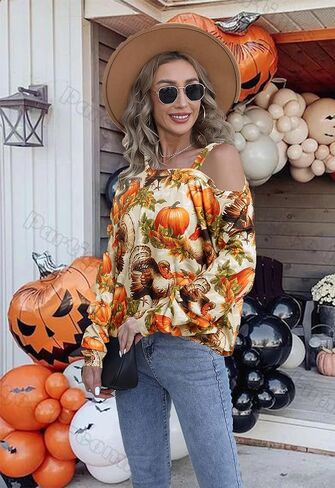 قمصان QLIPIN لعيد الشكر للنساء، بلوزات علوية مضحكة ذات أكتاف باردة، كاجوال على شكل يقطين تركي وأكمام طويلة in Kuwait