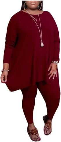 Huasemy Plus Size 2 Piece Outfits for Women, Long Sleeve Solid Tops,Bodycon Pants Casual Suit Sweatsuit Set in Kuwait