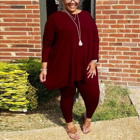 Huasemy Plus Size 2 Piece Outfits for Women, Long Sleeve Solid Tops,Bodycon Pants Casual Suit Sweatsuit Set in Kuwait