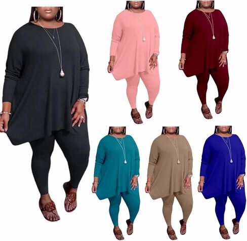 Huasemy Plus Size 2 Piece Outfits for Women, Long Sleeve Solid Tops,Bodycon Pants Casual Suit Sweatsuit Set in Kuwait