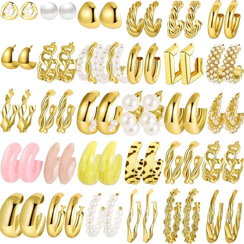 30pairs Gold Hoop Earrings for Girl Women, Chunky Hoops Earring Multipack, Earrings Pack Set Gold Hoops Hypoallergenic Assorted Gold Earrings Jewelry for Birthday Party Gift in Kuwait