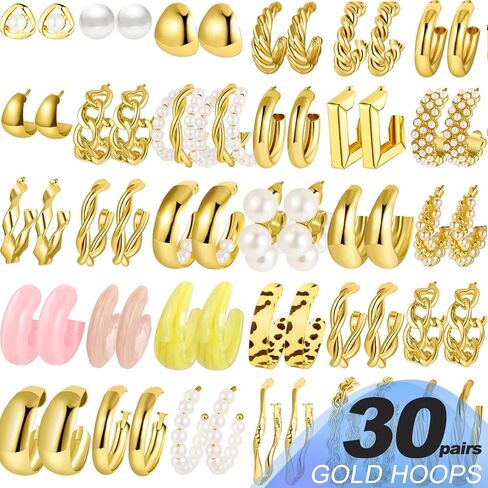 30pairs Gold Hoop Earrings for Girl Women, Chunky Hoops Earring Multipack, Earrings Pack Set Gold Hoops Hypoallergenic Assorted Gold Earrings Jewelry for Birthday Party Gift in Kuwait