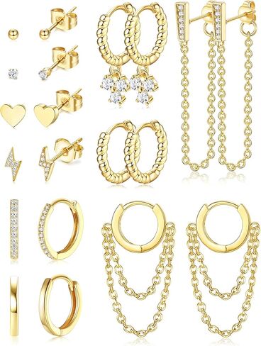 مجموعة 10 أزواج من الأقراط المرصعة مطلية بالذهب عيار 14 قيراط من فانسيلفر وأقراط هوجي هوب للنساء لا تسبب الحساسية، صغيرة وأنيقة وبسيطة، سلسلة متدلية من القرط الذهبي على شكل قلب تشيكوسلوفاكيا، مجموعة أقراط غضروف دائرية لثقب متعدد in Kuwait