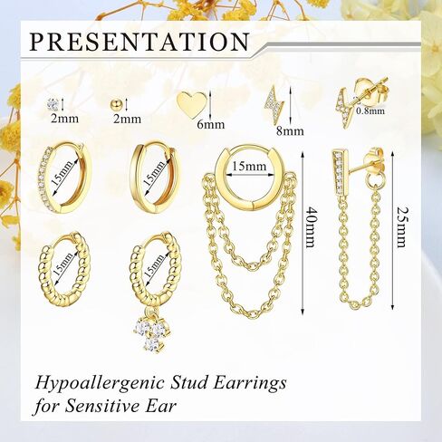 مجموعة 10 أزواج من الأقراط المرصعة مطلية بالذهب عيار 14 قيراط من فانسيلفر وأقراط هوجي هوب للنساء لا تسبب الحساسية، صغيرة وأنيقة وبسيطة، سلسلة متدلية من القرط الذهبي على شكل قلب تشيكوسلوفاكيا، مجموعة أقراط غضروف دائرية لثقب متعدد in Kuwait