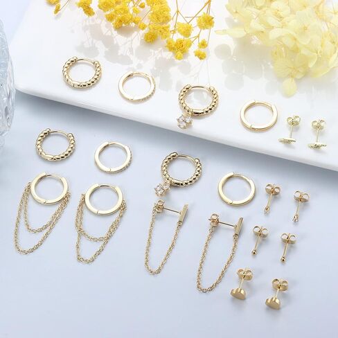 مجموعة 10 أزواج من الأقراط المرصعة مطلية بالذهب عيار 14 قيراط من فانسيلفر وأقراط هوجي هوب للنساء لا تسبب الحساسية، صغيرة وأنيقة وبسيطة، سلسلة متدلية من القرط الذهبي على شكل قلب تشيكوسلوفاكيا، مجموعة أقراط غضروف دائرية لثقب متعدد in Kuwait