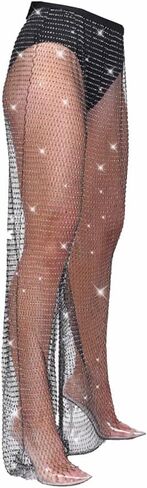 سراويل شبكية من Wosois شبكية لصيد السمك، حجر الراين الأسود شفاف من خلال السراويل الضيقة الكريستالية لتغطية مهرجان الهذيان والحفلات الليلية والصيف والشاطئ وإكسسوارات الجسم للنساء والفتيات (110 سم) in Kuwait