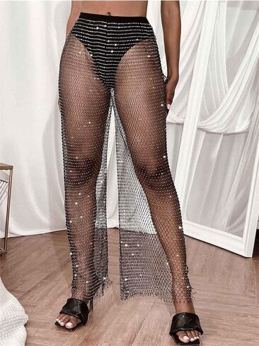 سراويل شبكية من Wosois شبكية لصيد السمك، حجر الراين الأسود شفاف من خلال السراويل الضيقة الكريستالية لتغطية مهرجان الهذيان والحفلات الليلية والصيف والشاطئ وإكسسوارات الجسم للنساء والفتيات (110 سم) in Kuwait