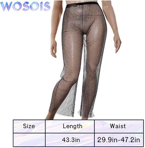 سراويل شبكية من Wosois شبكية لصيد السمك، حجر الراين الأسود شفاف من خلال السراويل الضيقة الكريستالية لتغطية مهرجان الهذيان والحفلات الليلية والصيف والشاطئ وإكسسوارات الجسم للنساء والفتيات (110 سم) in Kuwait