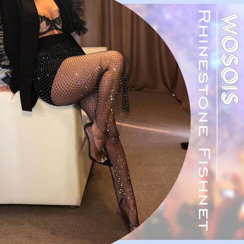 سراويل شبكية من Wosois شبكية لصيد السمك، حجر الراين الأسود شفاف من خلال السراويل الضيقة الكريستالية لتغطية مهرجان الهذيان والحفلات الليلية والصيف والشاطئ وإكسسوارات الجسم للنساء والفتيات (110 سم) in Kuwait