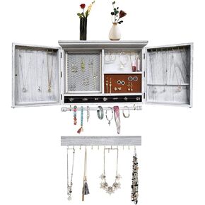 Rustic Wall Mounted Jewelry Organizer with Wooden Barndoor Decor,Wooden Wall Mount Holder,Jewelry holder for Necklaces, Earings, Bracelets, Ring Holder (Circle Brown)