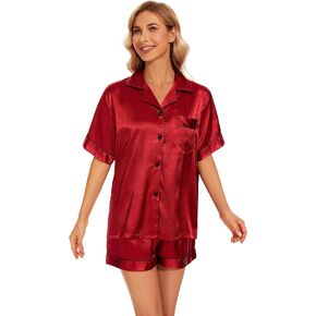 GAESHOW Satin Pajamas for Women, Short Sleeve Silk Pajama Set with Shorts Two Piece Pj Sets Button-Down Sleepwear Loungewear in Kuwait