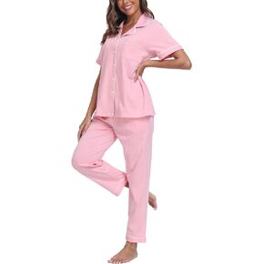 ANLIQI 100% Cotton Pajamas for Women Soft Button Up Short Sleeve Shirt & Long Pants Summer Pjs Set Comfy Loungewear S-2XL