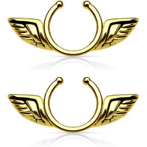 Pierced Owl Angel Wings Clip On Non-Pierce Fake Nipple Rings, Sold as a Pair (Rose Gold Tone)
