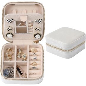 Velvet Jewelry Box, Mini Travel Jewelry Case, Portable Travel Jewelry Organizer with Mirror for Birthday Mother's Day Valentine's Day(Beige)