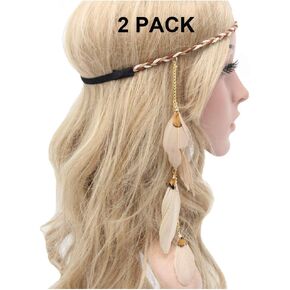 Feather Headband Hippie Indian Boho Hair Bands Tassel Bohemian Halloween Hair Hoop Women Crown Hairband Party Decoration Headdress Cosplay Costume Headwear Headpiece Handmade Hair Accessories Khaki in Kuwait