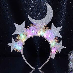 Light Up Star Headband Moon Stars Headpiece Glow Celestial Headbands Tinsel Costume Party Led Hair Accessories (A-Silver)