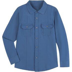 Boys’ Long Sleeve Dress Shirt Solid Button Down Uniform Casual Woven Shirts with Two Pockets