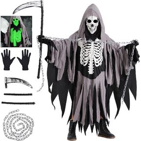 Halloween Grim Reaper Costume Kids Glow in Dark White Skeleton Skull Reaper Cosplay Halloween Costume with Accessories in Kuwait