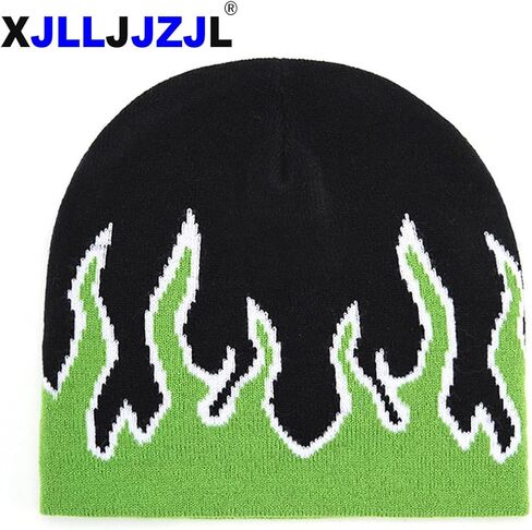 قبعة تزلج منسوجة باللون الأخضر لهب قبعة جمجمة روك بانك مترهلة in Kuwait