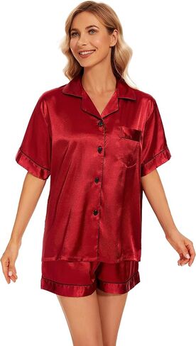 GAESHOW Satin Pajamas for Women, Short Sleeve Silk Pajama Set with Shorts Two Piece Pj Sets Button-Down Sleepwear Loungewear in Kuwait