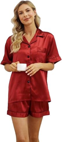 GAESHOW Satin Pajamas for Women, Short Sleeve Silk Pajama Set with Shorts Two Piece Pj Sets Button-Down Sleepwear Loungewear in Kuwait