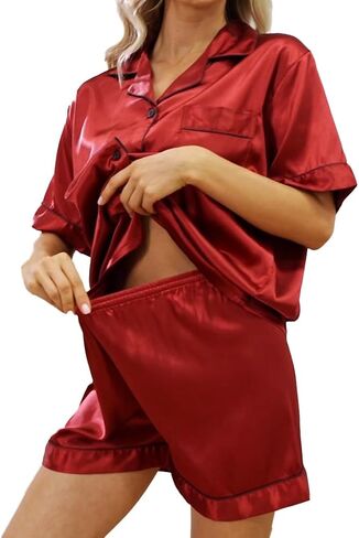 GAESHOW Satin Pajamas for Women, Short Sleeve Silk Pajama Set with Shorts Two Piece Pj Sets Button-Down Sleepwear Loungewear in Kuwait