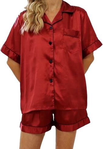 GAESHOW Satin Pajamas for Women, Short Sleeve Silk Pajama Set with Shorts Two Piece Pj Sets Button-Down Sleepwear Loungewear in Kuwait