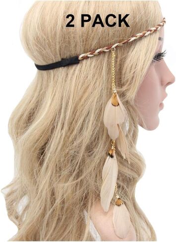 Feather Headband Hippie Indian Boho Hair Bands Tassel Bohemian Halloween Hair Hoop Women Crown Hairband Party Decoration Headdress Cosplay Costume Headwear Headpiece Handmade Hair Accessories Khaki in Kuwait