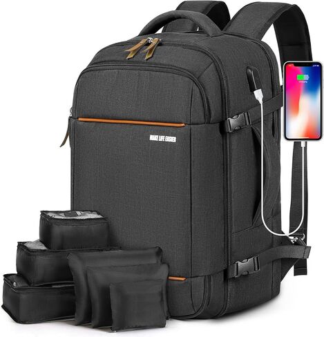 حقيبة ظهر للحمل من Lekeinchi لشركات الطيران - حقيبة ظهر كبيرة للسفر سعة 32 لترًا مع حجرة للأحذية - حقيبة ظهر للكمبيوتر المحمول مقاس 17 بوصة مع 6 مكعبات تعبئة للرجال لرحلة العمل، أسود in Kuwait