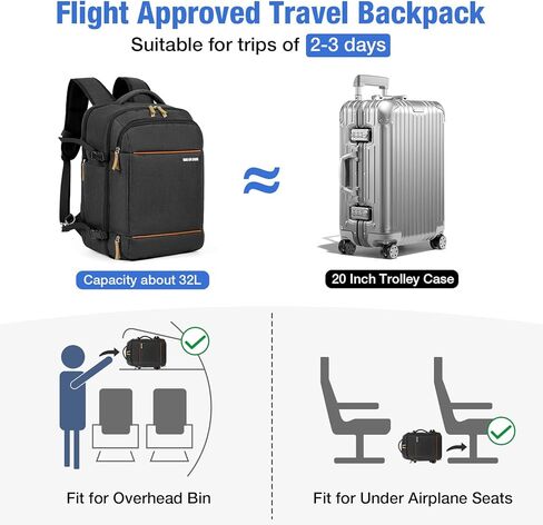 حقيبة ظهر للحمل من Lekeinchi لشركات الطيران - حقيبة ظهر كبيرة للسفر سعة 32 لترًا مع حجرة للأحذية - حقيبة ظهر للكمبيوتر المحمول مقاس 17 بوصة مع 6 مكعبات تعبئة للرجال لرحلة العمل، أسود in Kuwait