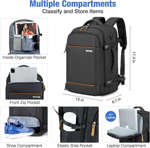 حقيبة ظهر للحمل من Lekeinchi لشركات الطيران - حقيبة ظهر كبيرة للسفر سعة 32 لترًا مع حجرة للأحذية - حقيبة ظهر للكمبيوتر المحمول مقاس 17 بوصة مع 6 مكعبات تعبئة للرجال لرحلة العمل، أسود in Kuwait