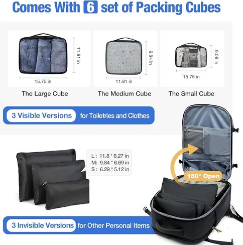 حقيبة ظهر للحمل من Lekeinchi لشركات الطيران - حقيبة ظهر كبيرة للسفر سعة 32 لترًا مع حجرة للأحذية - حقيبة ظهر للكمبيوتر المحمول مقاس 17 بوصة مع 6 مكعبات تعبئة للرجال لرحلة العمل، أسود in Kuwait