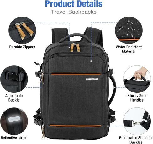 حقيبة ظهر للحمل من Lekeinchi لشركات الطيران - حقيبة ظهر كبيرة للسفر سعة 32 لترًا مع حجرة للأحذية - حقيبة ظهر للكمبيوتر المحمول مقاس 17 بوصة مع 6 مكعبات تعبئة للرجال لرحلة العمل، أسود in Kuwait