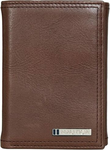 Nautica Men's Enameled Logo Tumbled Leather Trifold Wallet with RFID Protection-Brown, One Size in Saudi Arabia