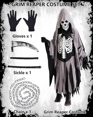 Halloween Grim Reaper Costume Kids Glow in Dark White Skeleton Skull Reaper Cosplay Halloween Costume with Accessories in Kuwait