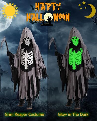 Halloween Grim Reaper Costume Kids Glow in Dark White Skeleton Skull Reaper Cosplay Halloween Costume with Accessories in Kuwait