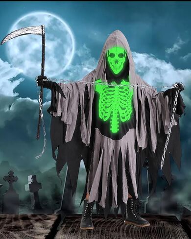 Halloween Grim Reaper Costume Kids Glow in Dark White Skeleton Skull Reaper Cosplay Halloween Costume with Accessories in Kuwait