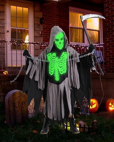 Halloween Grim Reaper Costume Kids Glow in Dark White Skeleton Skull Reaper Cosplay Halloween Costume with Accessories in Kuwait