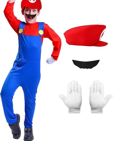 PartyBloom Super Brothers Costume for Kids Halloween Plumber Costume Kids Cosplay Jumpsuit with Hat Mustache Gloves in Saudi Arabia